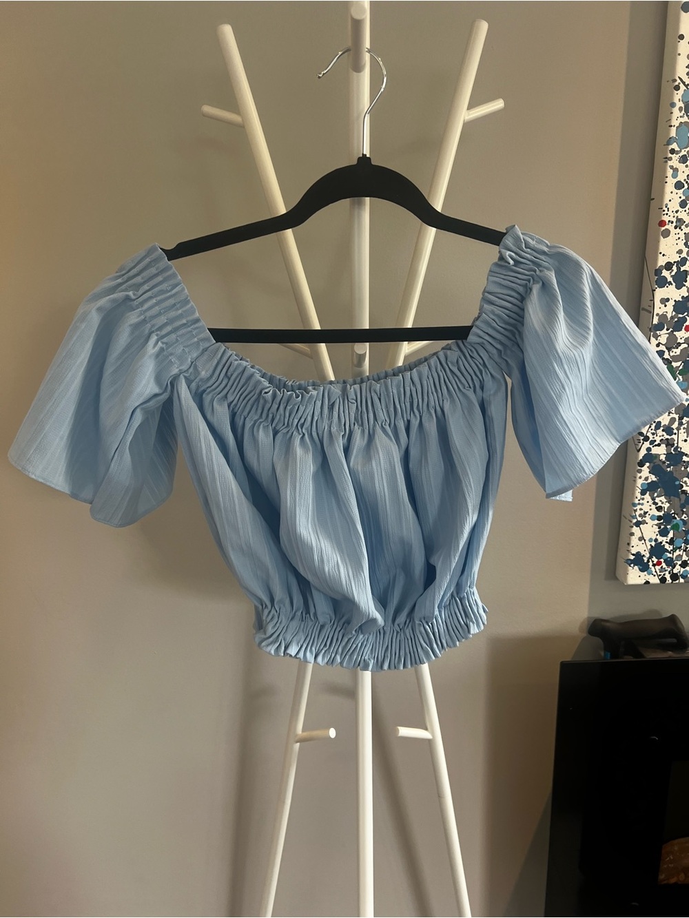 Off-Shoulder Light Blue Smocked Waist Women's Top